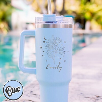 Personalized Tumbler Name Birth Flower, Birth Flower Engraved Tumbler, Zodiac Signs Tumblers, 40oz Tumbler With Handle, Birthday Day Engrave - image3